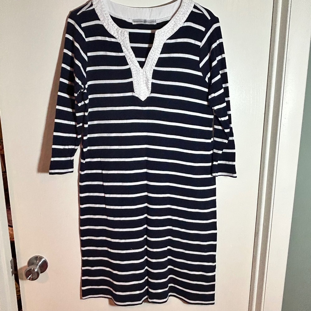 Signature Collection Navy White Striped Knit‎ Dress Crochet Trim S